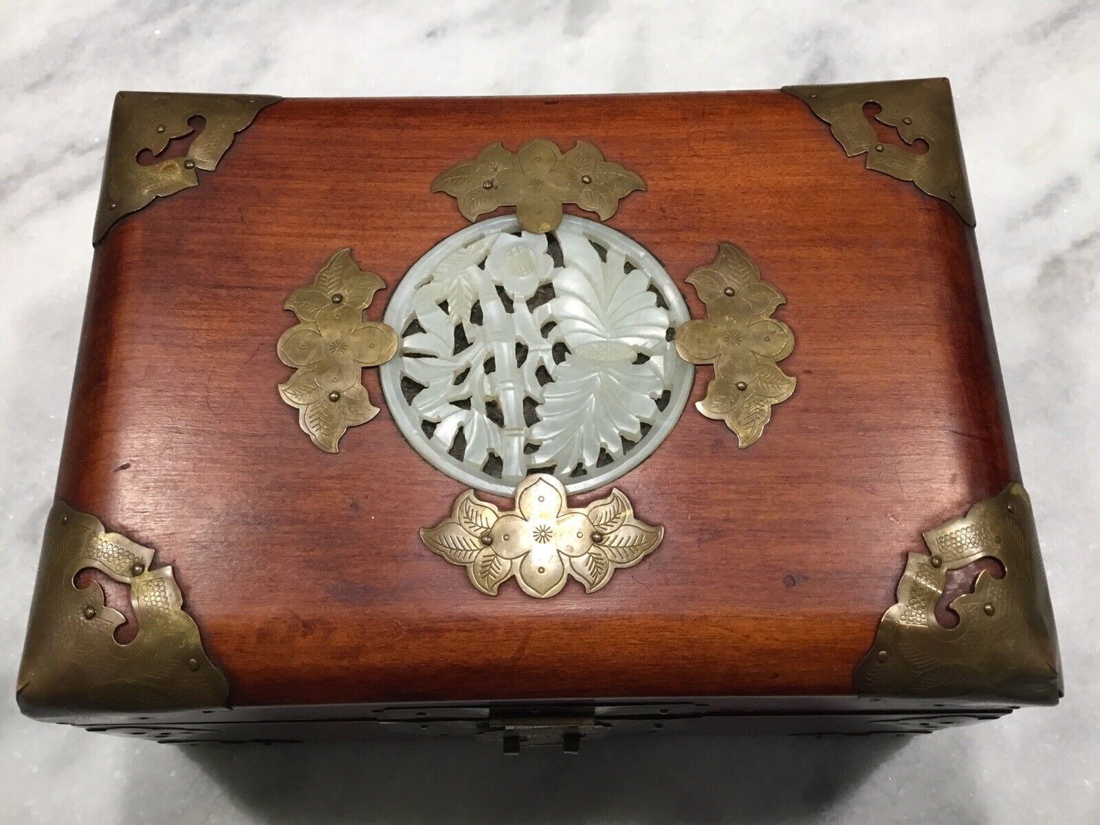 Vintage Chinese Wood & Brass Jewelry Box Jade Inlay Padded Silk Lined