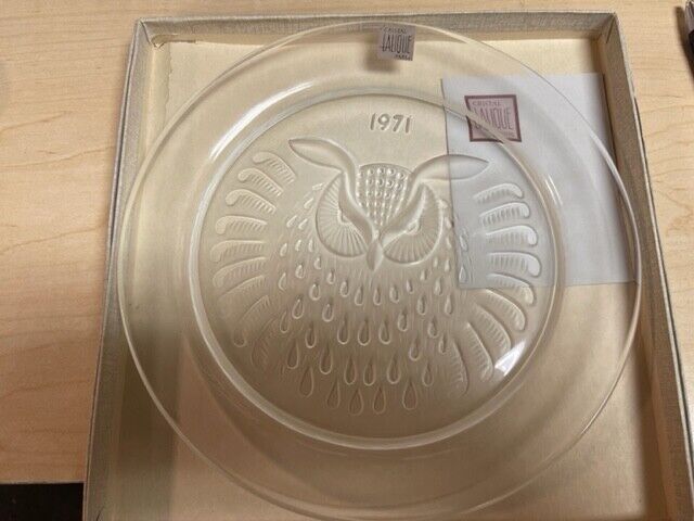 Vintage Lalique Crystal Plate w/ Owl Etched Design Dated 1971 w/ Box DS30