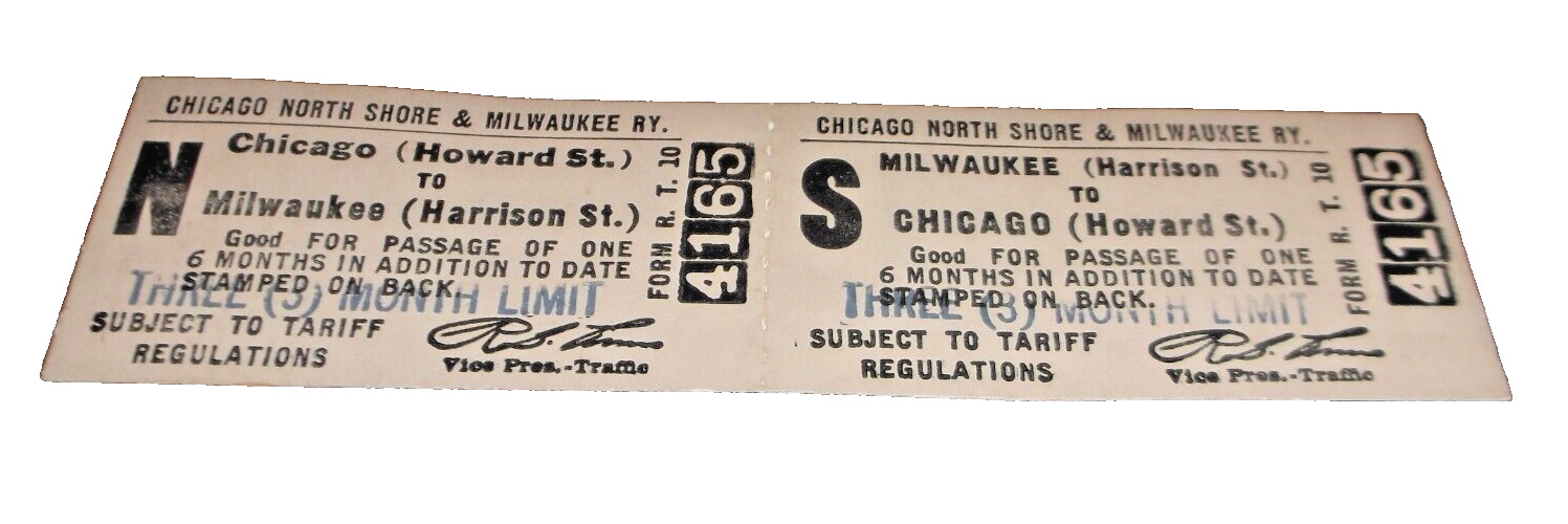 CNS&M NORTH SHORE LINE UNUSED CHICAGO HOWARD STREET TO MILWAUKEE TICKET