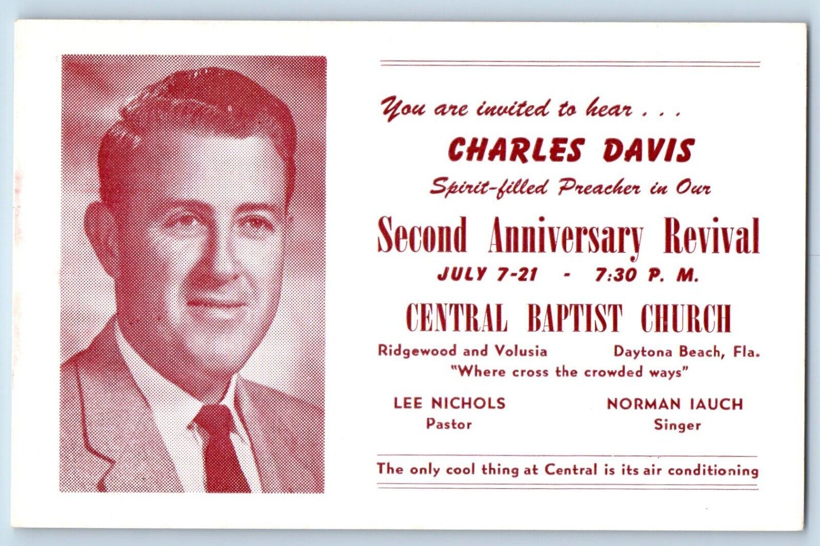 Daytona Beach Florida FL Postcard Charles Davis Second Anniversary Revival 1957