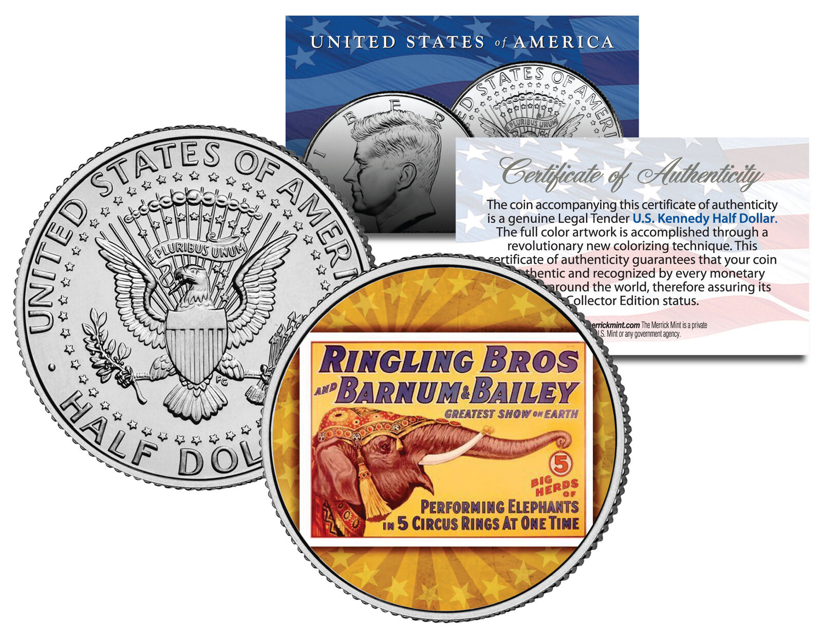 RINGLING BROS & BARNUM BAILEY CIRCUS * Elephant * Colorized JFK Half Dollar Coin