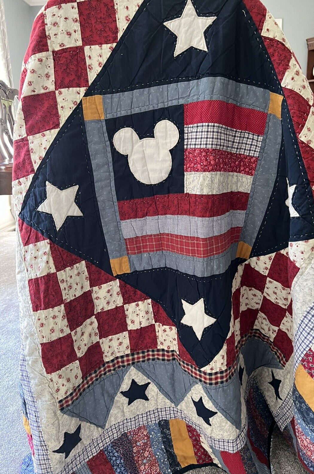 Vintage Mouse Ears Cotton Patchwork Quilt Throw Patriotic  Red, White &Blue Flag