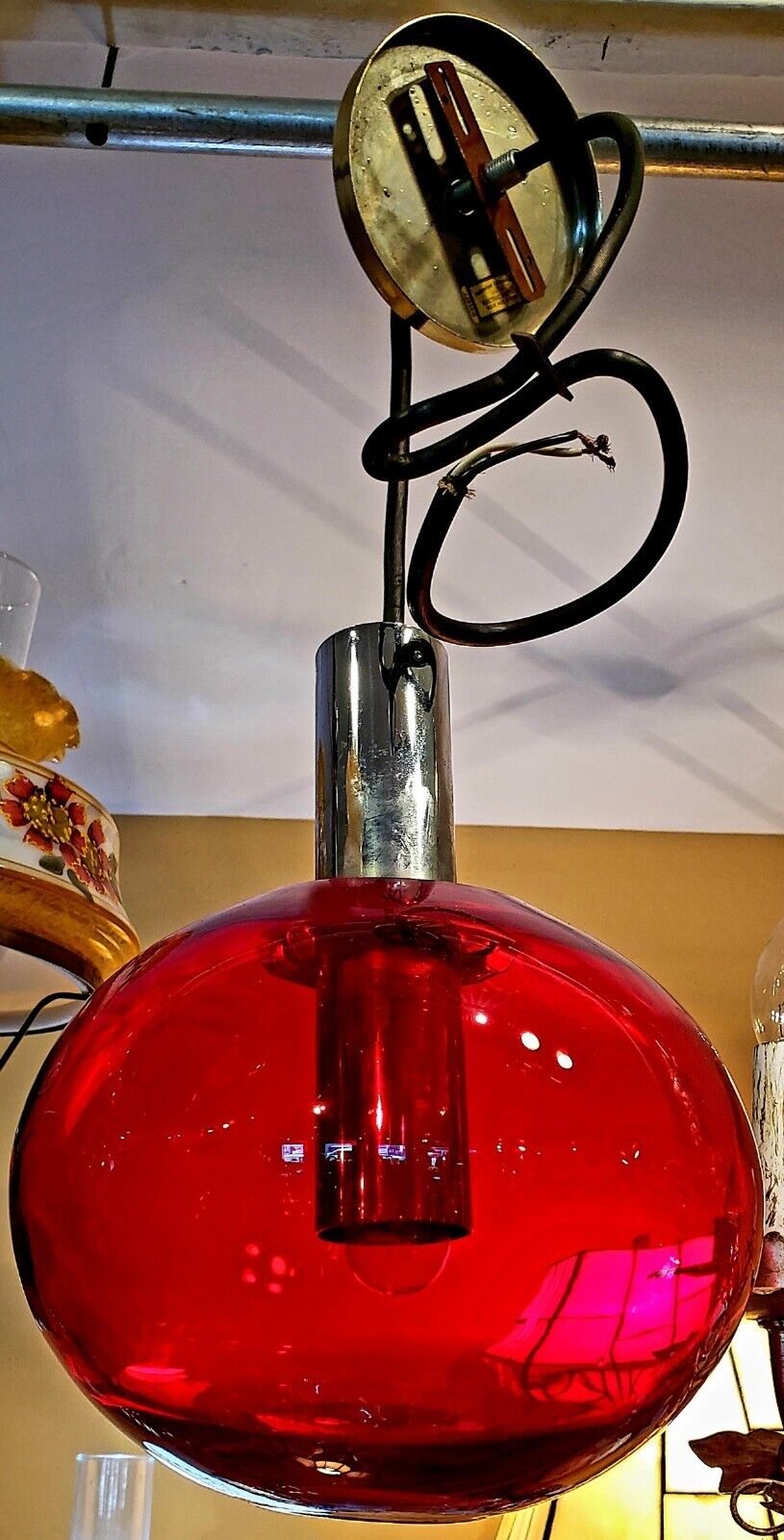 Vintage MCM Hand Blown Red Glass Globe Pendant Lamp, With Stainless Insert