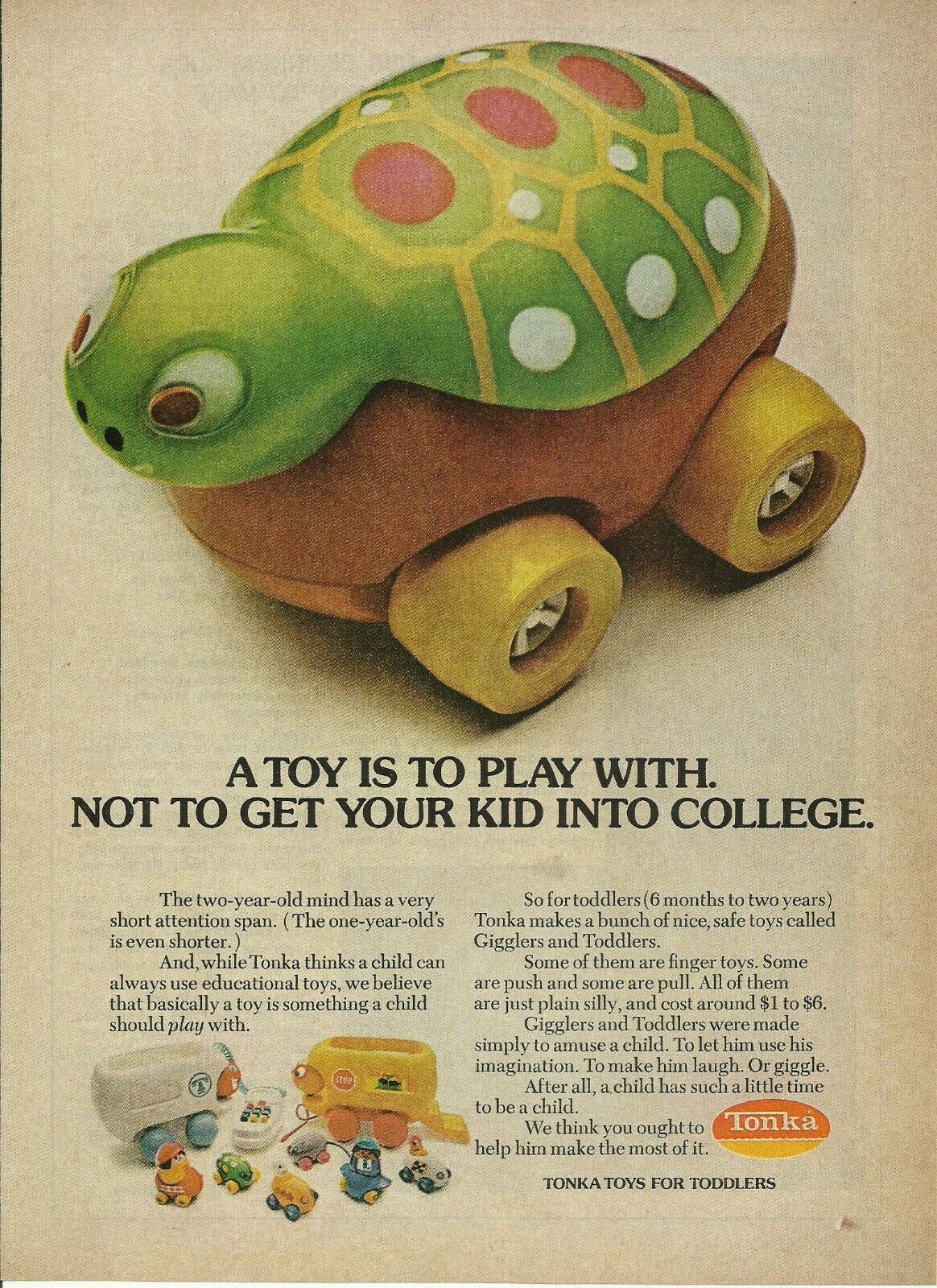 1973 Tonka Gigglers Toddlers Turtle vintage print ad 70\'s Toy advertisement