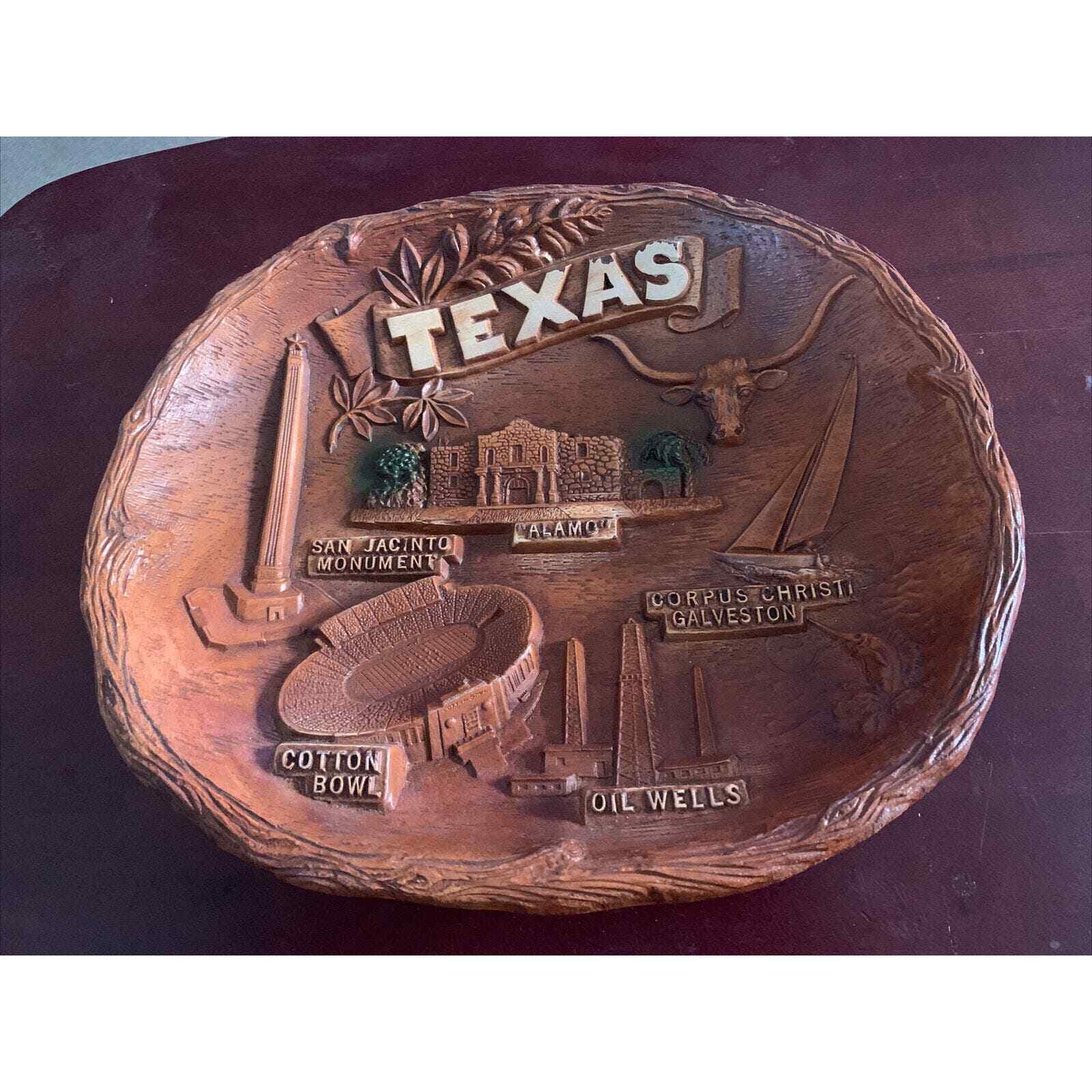Vintage Texas USA Resin Faux Wood Landmarks Souvenir Bowl 3D Relief by Taco