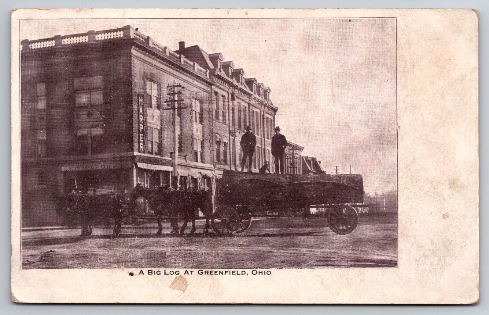 A Big Log at Greenfield Ohio OH Street View Harper Building c1905 Postcard