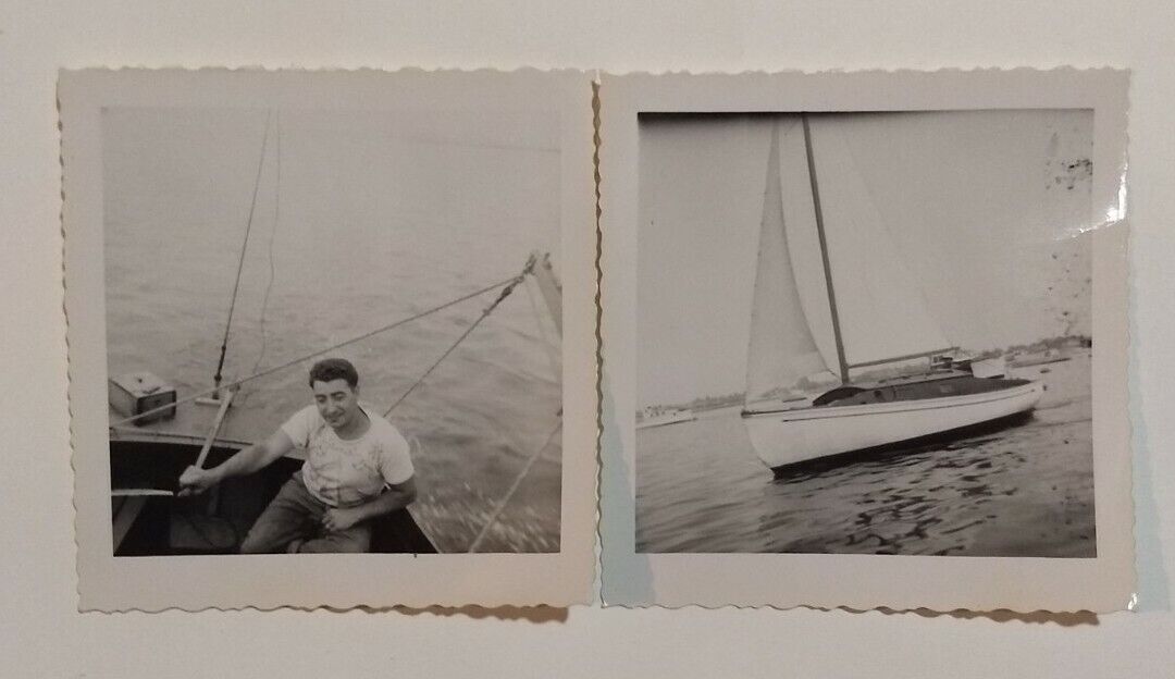 2 1950s VTG Instant PHOTOS Handsome Tee Shirt Man Sailboat Sailing