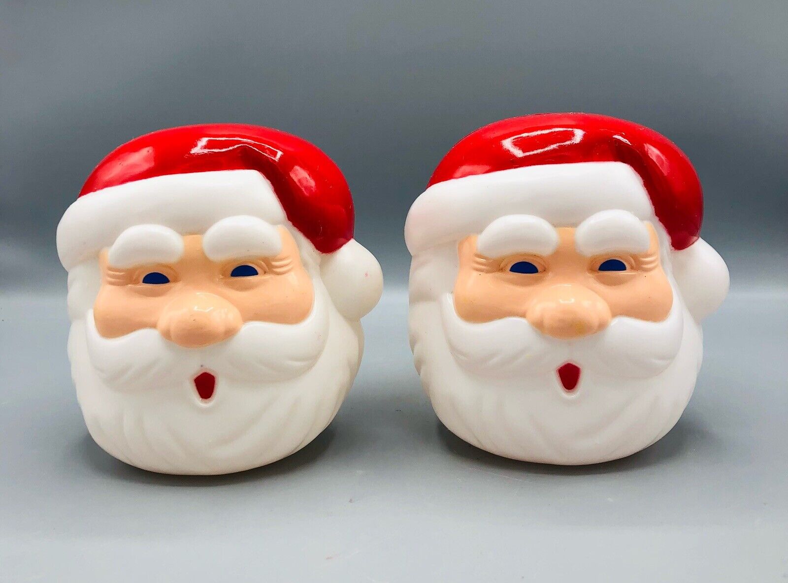 Pair of Vintage Plastic Blow Mold Santa Head Light Covers Christmas Decor