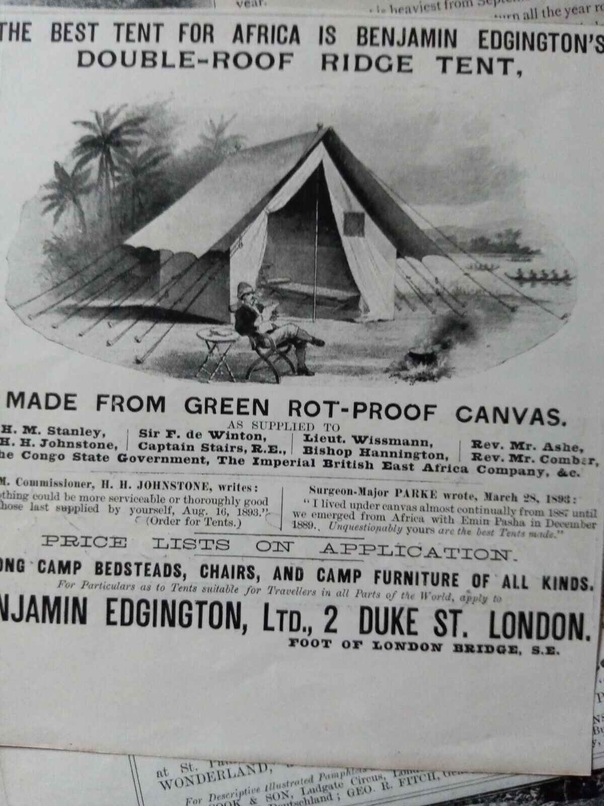 Kvc25 Ephemera 1895 advert Benjamin edgington ridge tent 