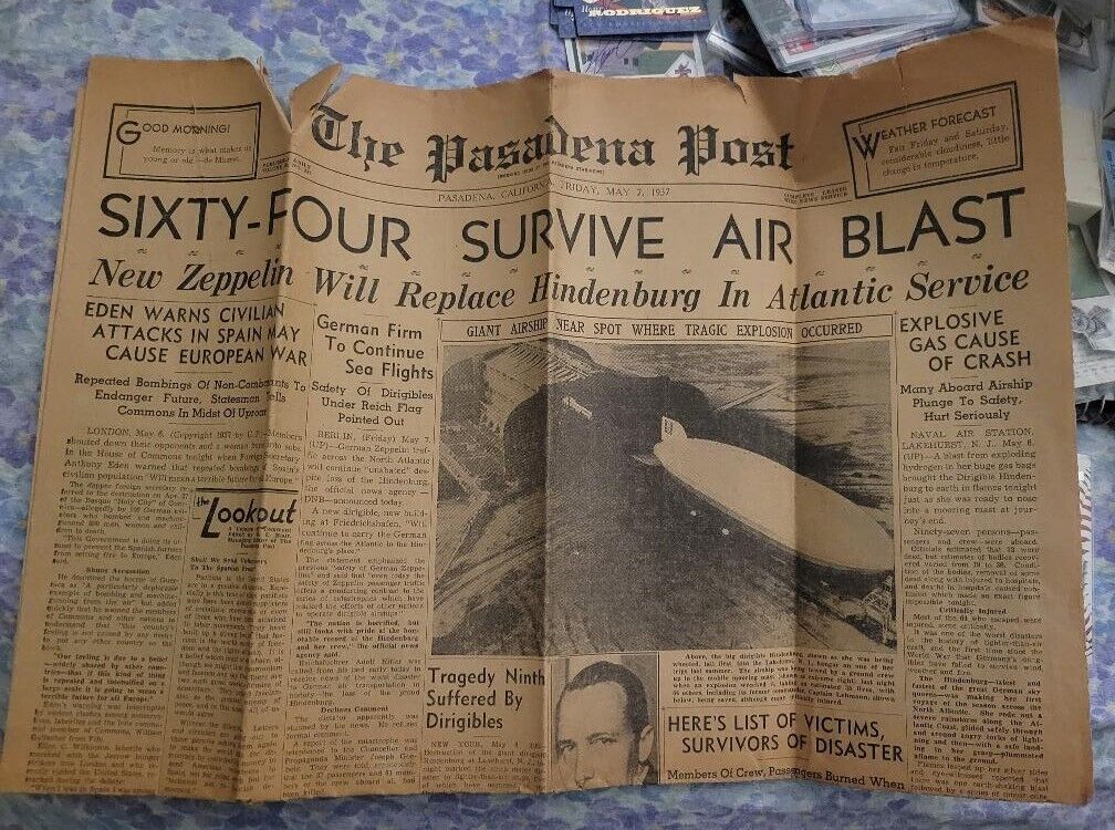 Original 1937 Newspaper Clipping Hindenburg Zeppelin Disaster May 7 PASADENA