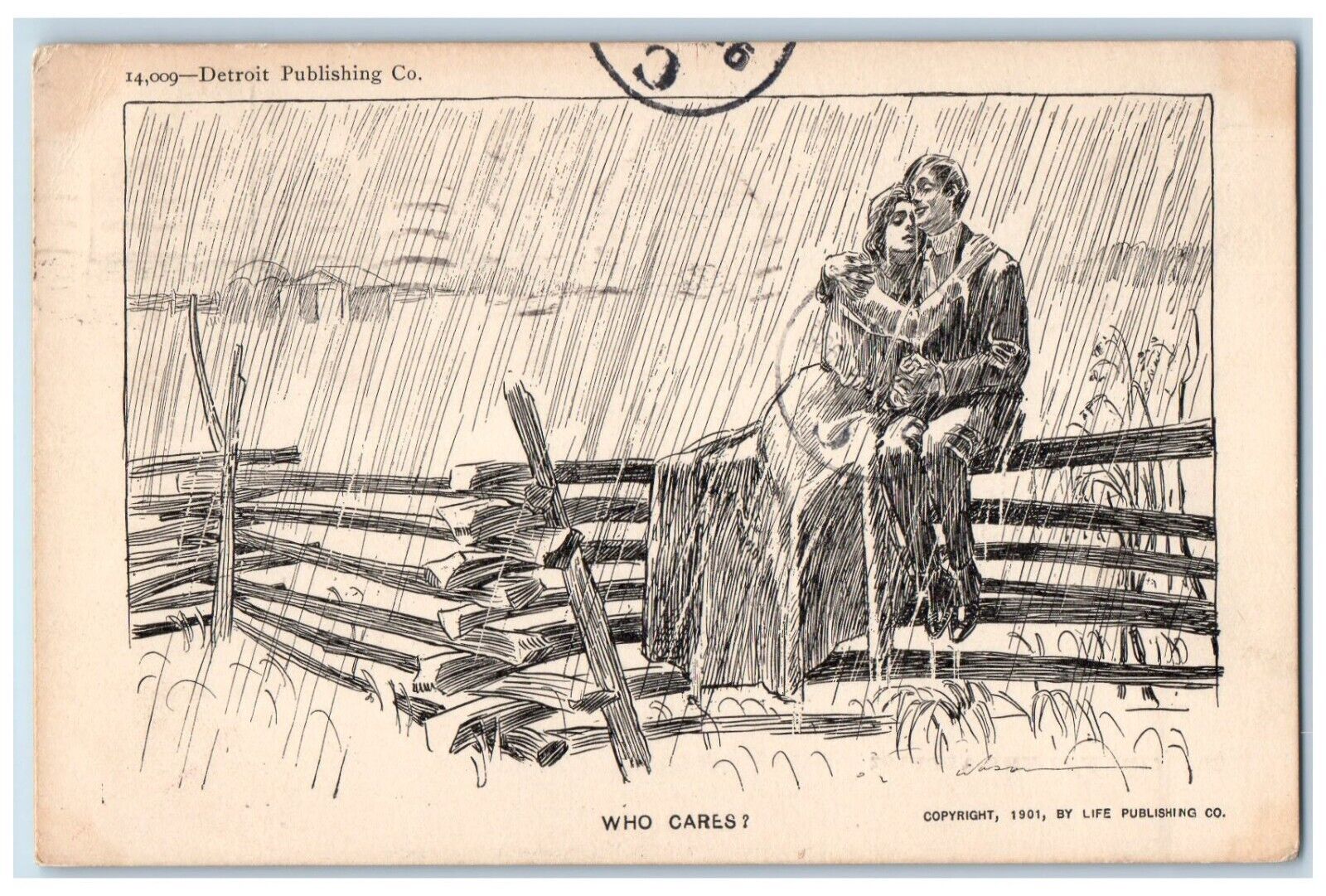 1905 Sweet Couple Romance Sat On Fence Raining Who Cares New York NY Postcard