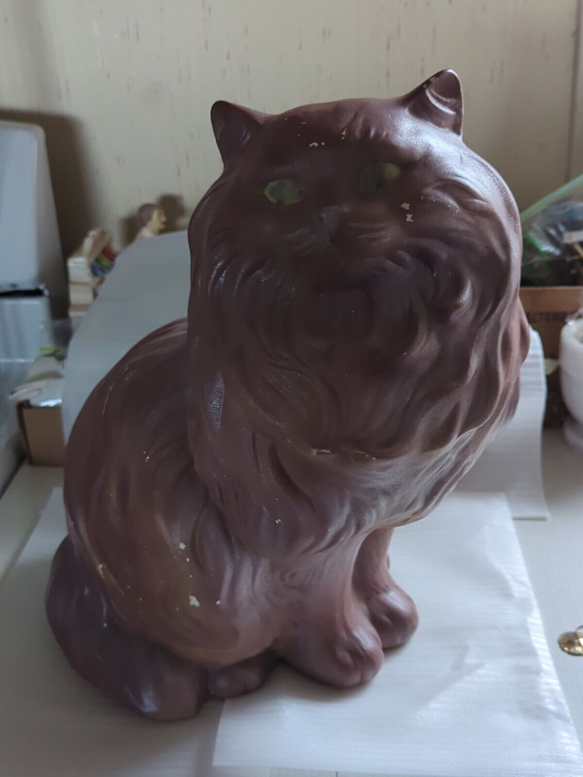 Vintage 70\'s Ceramic Cat With Green Eyes Stands 14\