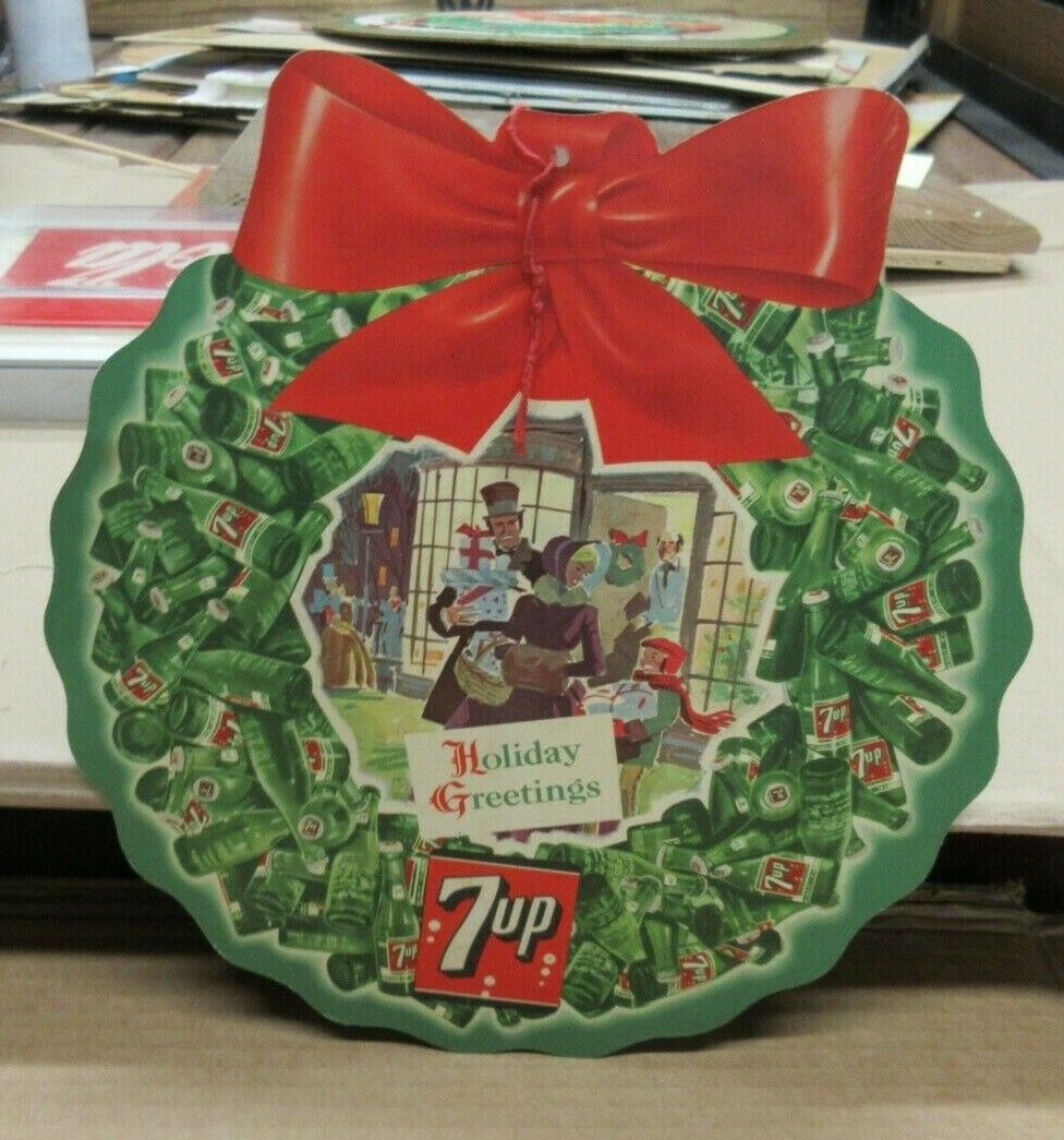 1960s 7up 7 Up Christmas Bottle Wreath Double Sided Sign Holiday Greetings A