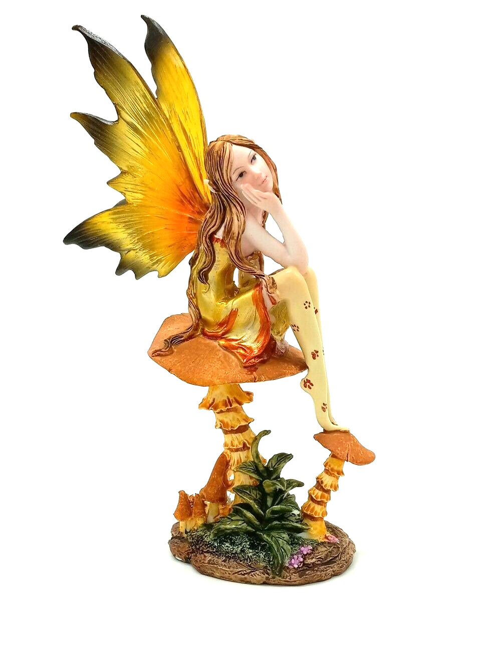 Yellow and Orange Winged Pixie Fairy Figure Sitting on a Mushroom H= 8.75 inches