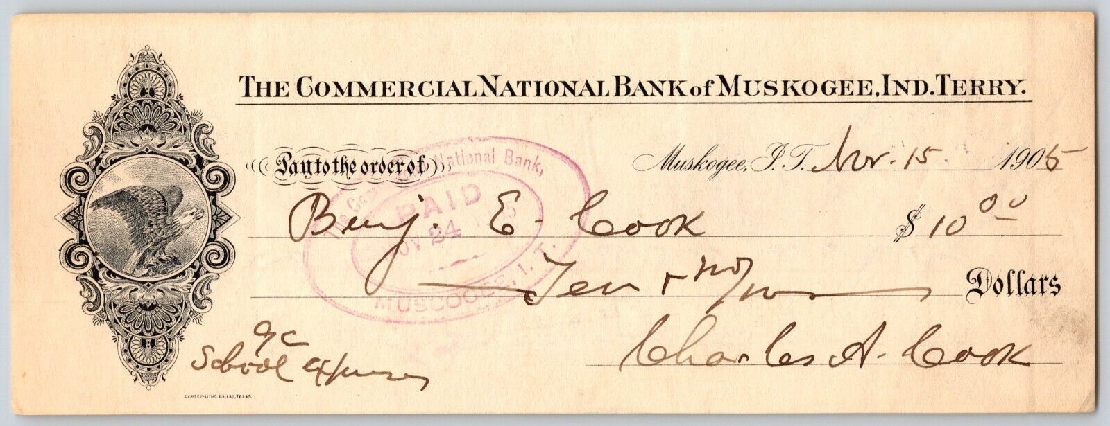 Muskogee, OK 1905 Indian Territory $10 Commercial National Bank Check - Scarce