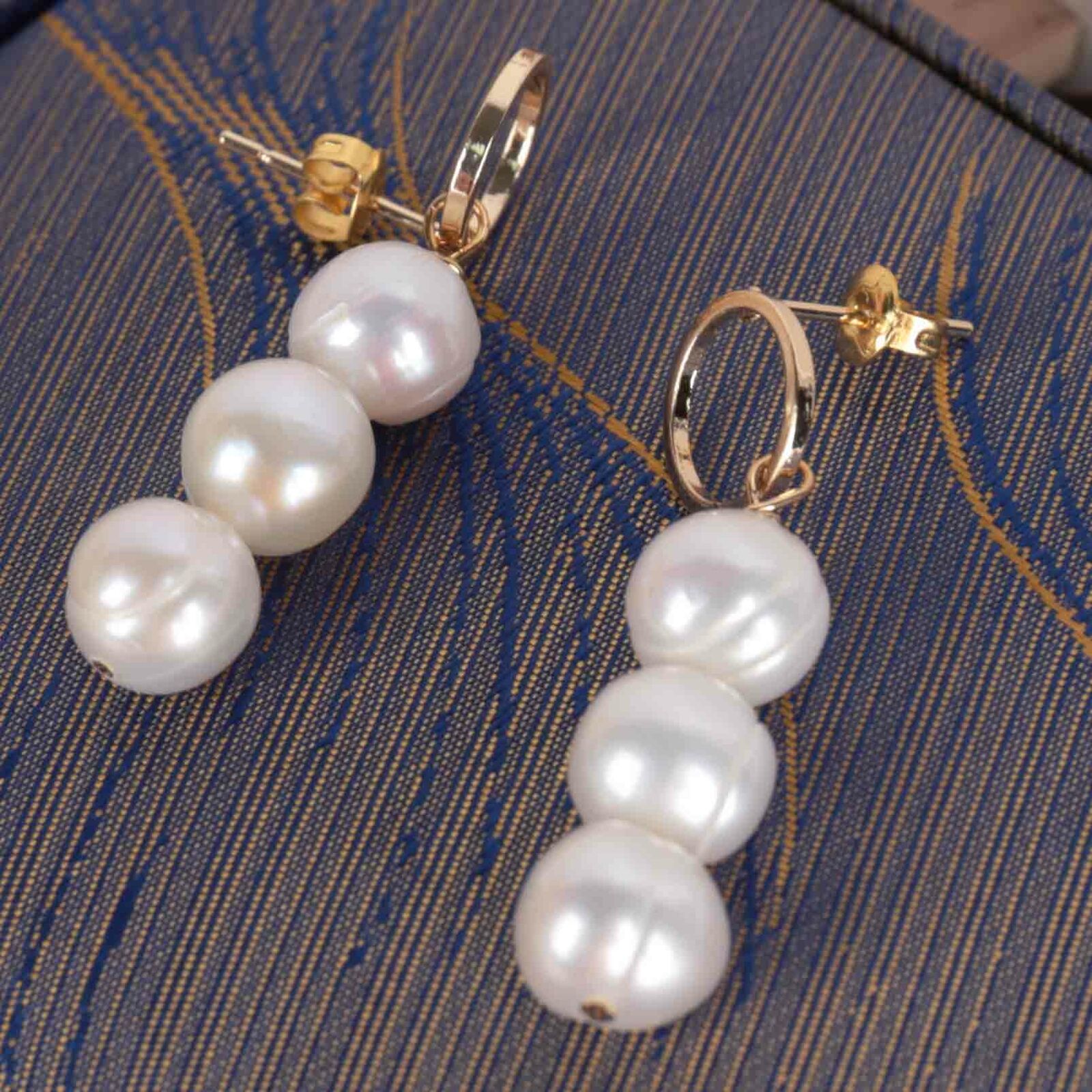 8-9mm Natural Freshwater Pearl Three Bead Baroque Earrings Real Fashion Luxury