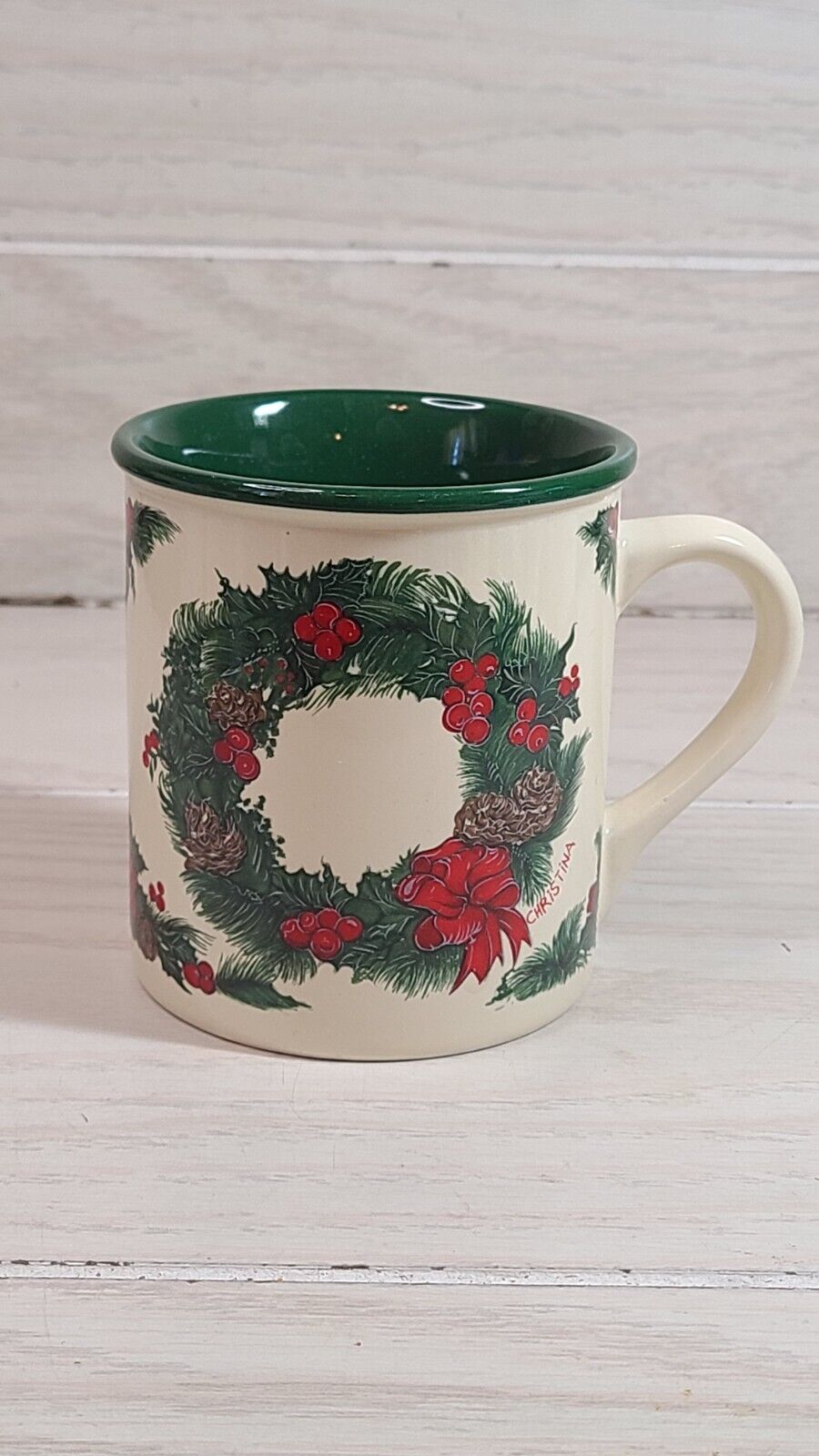 Potpourri Press Christmas Mug Coffee Tea Wreath Red Green Christina Korea 1989