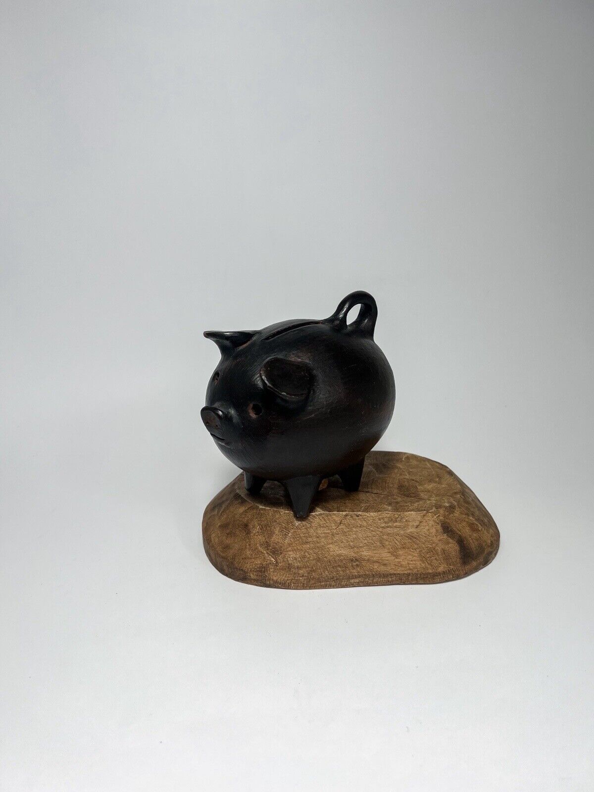 Vintage Black Pottery Pig Handcrafted  Figure 6” Folk Art