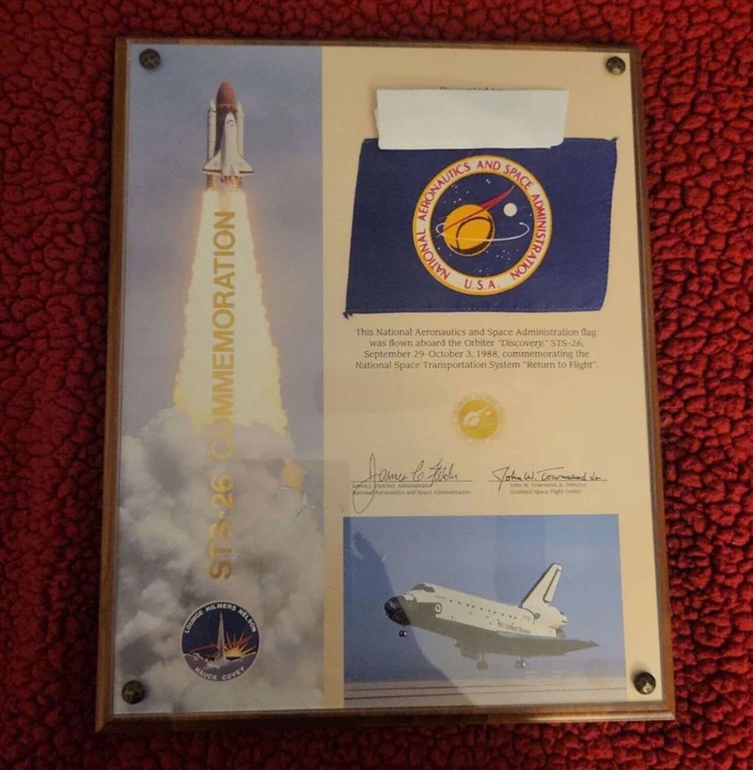 1988 NASA Commerating a Return To Flight Plaque