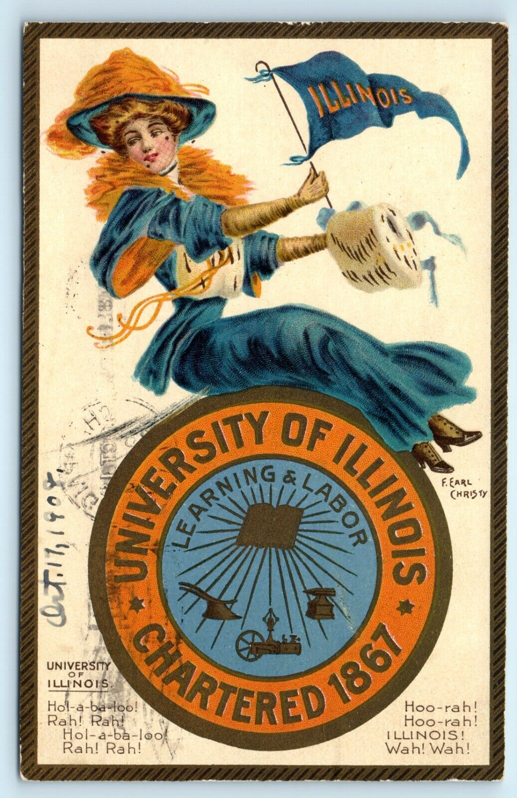 POSTCARD University of Illinois College Girl F Earl Christy 1908 Raphael Tuck 