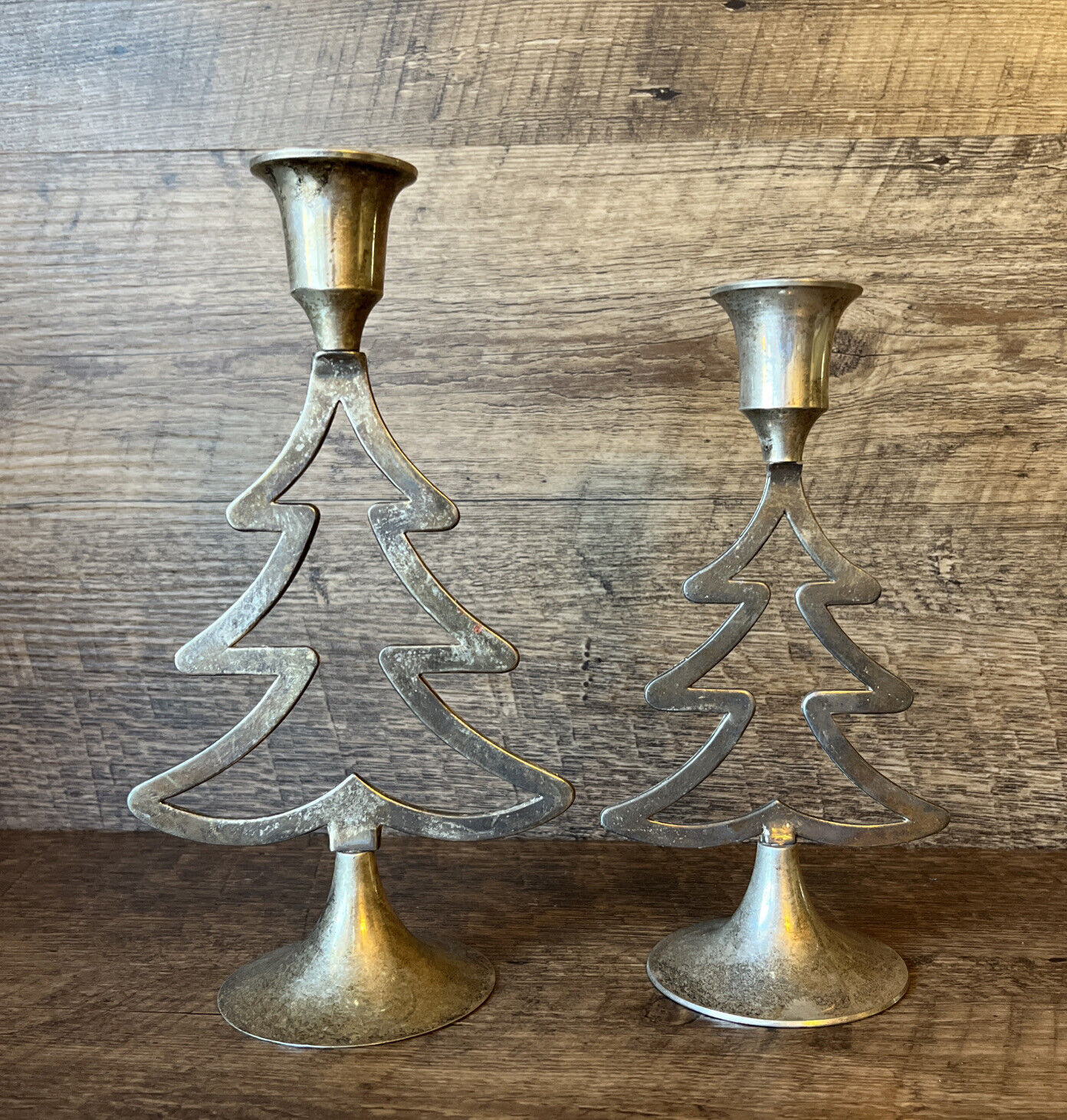 Christmas Tree Candle Holders International Silver Co Assymetrical Set Patinaed