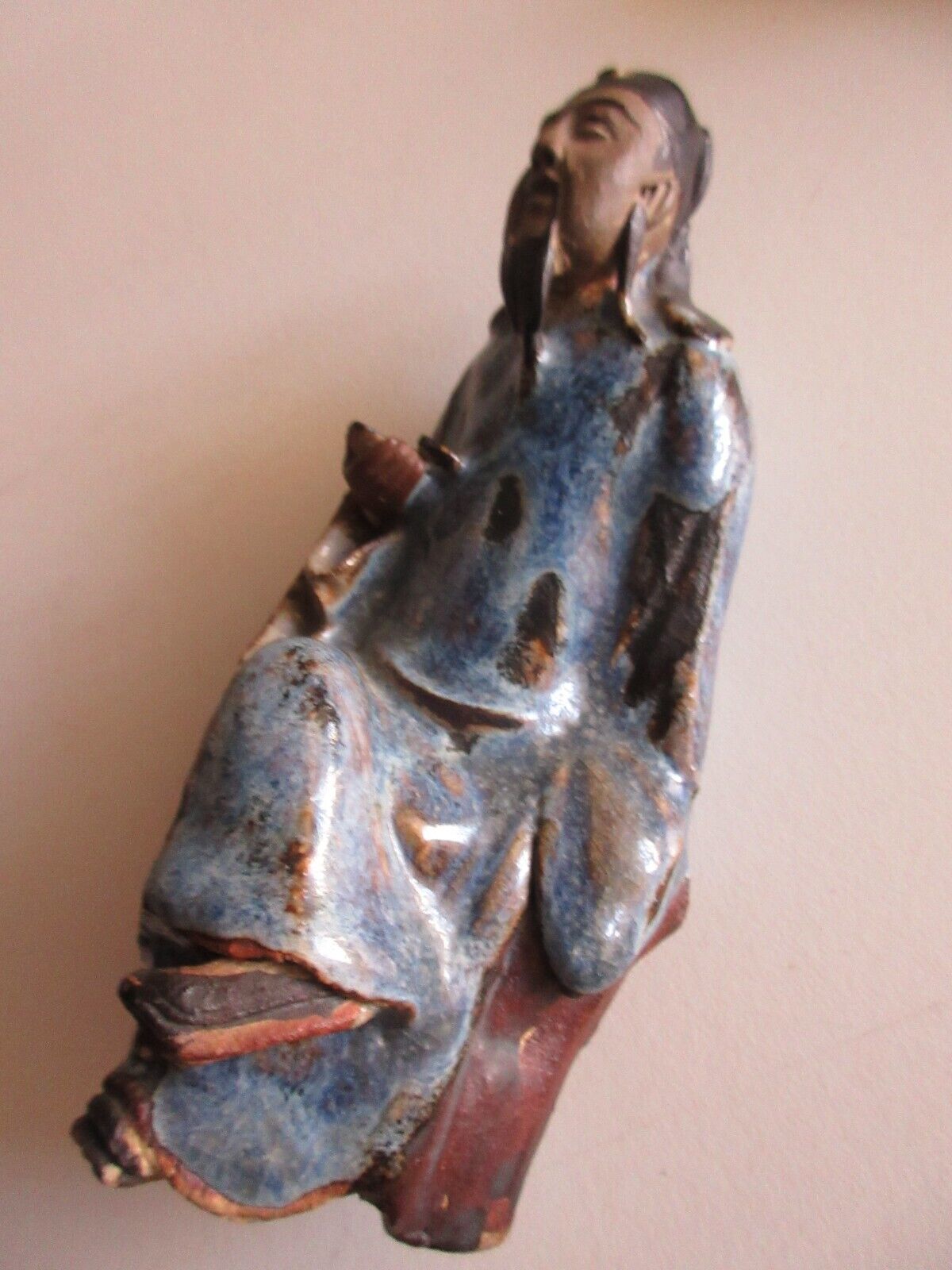 Vintage Chinese Mudman Clay Figurine Sitting on a Stump CHINA 5.75\