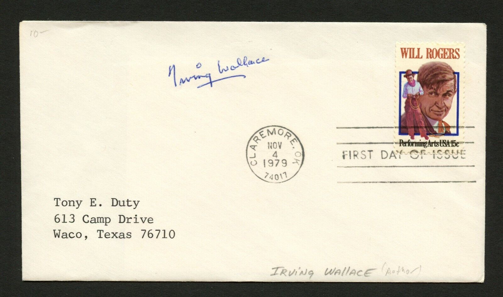Irving Wallace d.1990 signed autograph auto FDC cover American Author PC256