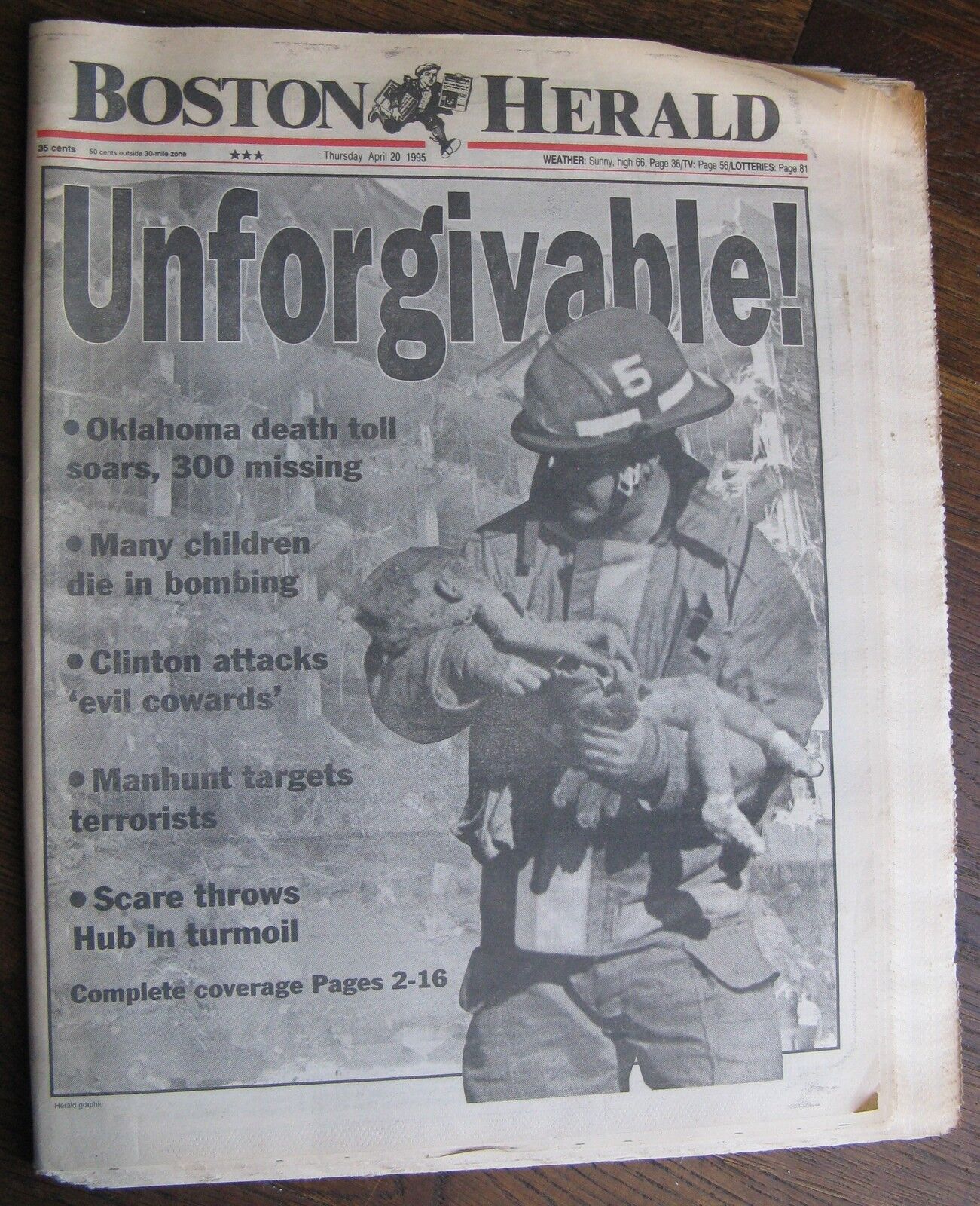 April 20, 1995 Boston Herald Newspaper OKLAHOMA CITY BLAST 