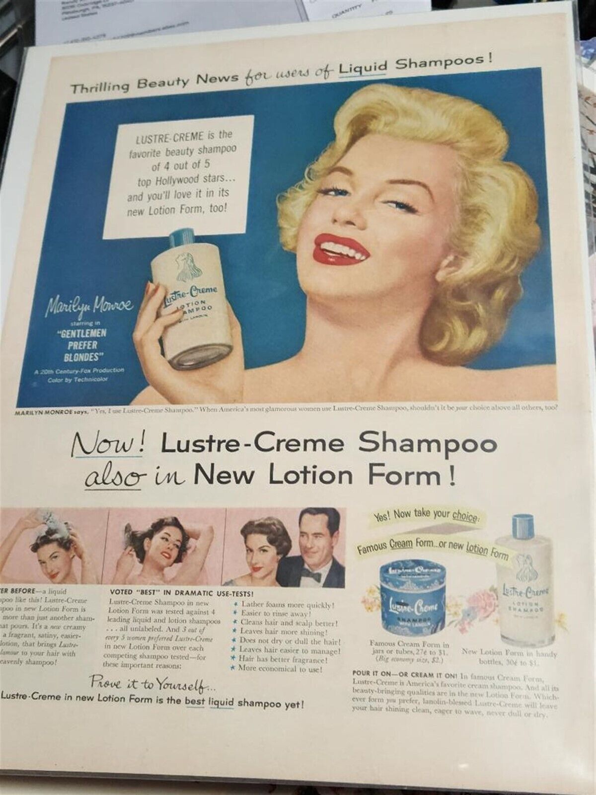 Marilyn Monroe 1953 Life Mag Lustre-Creme Shampoo ad.Great shape  Original
