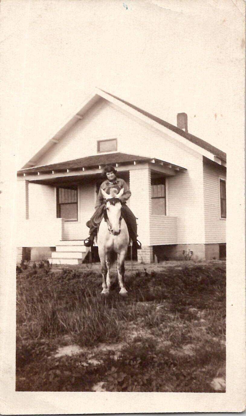 Feminist Fat Obese Lady Cowgirl Riding Horse Farm House 1930s Vintage Photo
