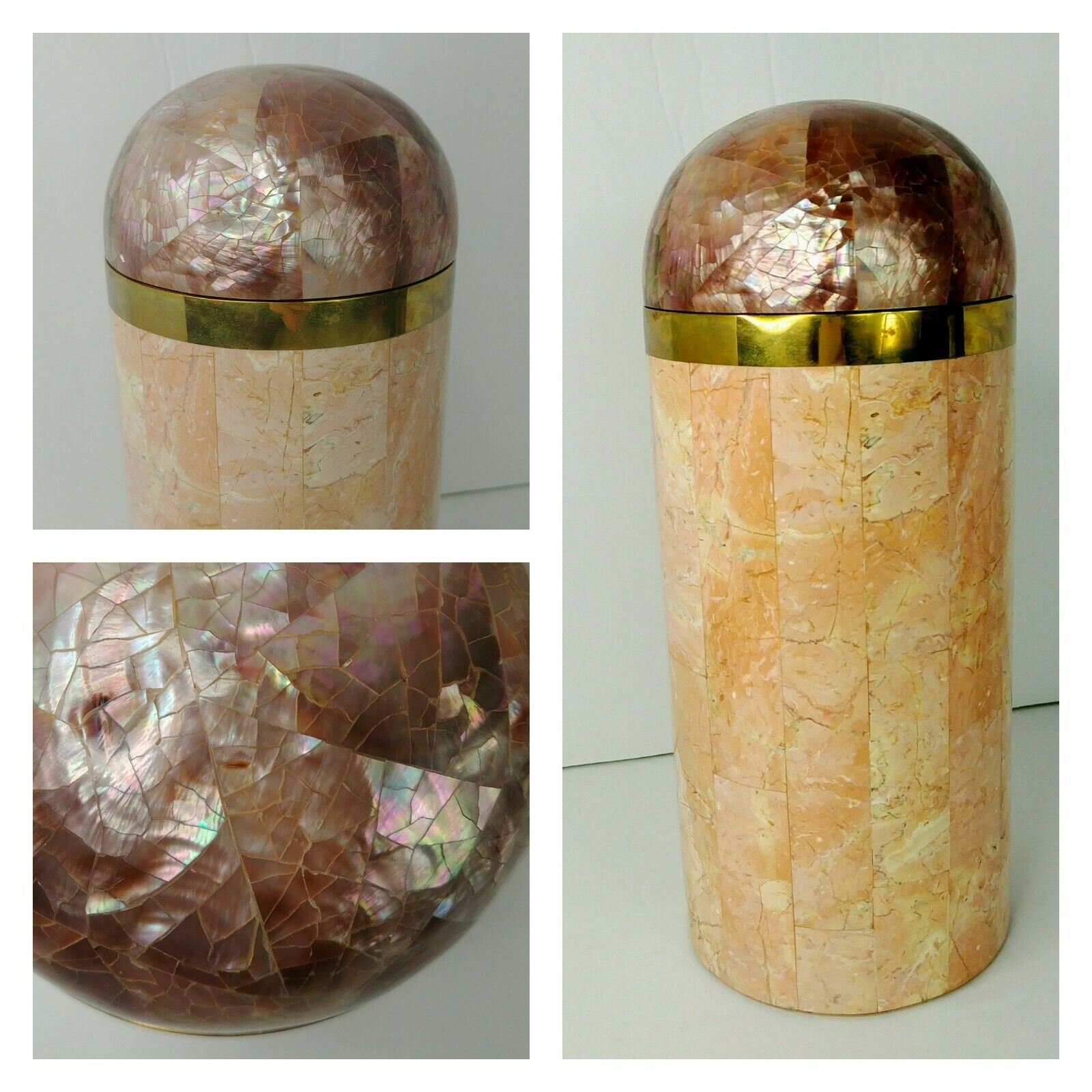Maitland Smith Tessellated Marble Coral & Mother of Pearl Tall Canister Box Vtg