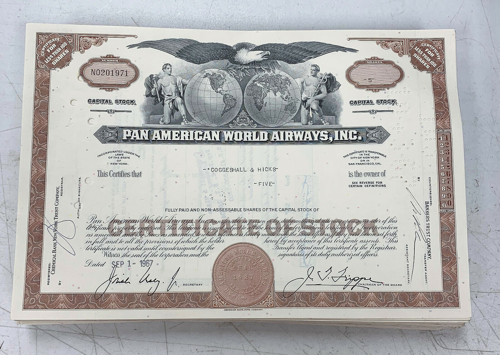 Pan Am Pan American World Airways Stock Certificate (Brown) 1966-1970 