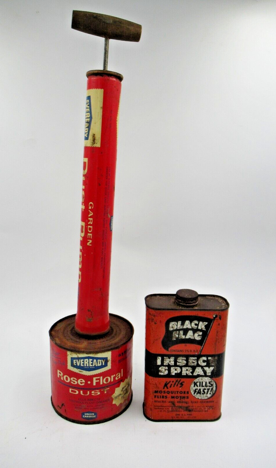 Vintage Black Flag Insect Spray with Eveready Pesticide Dust Pump. Empty Tins.