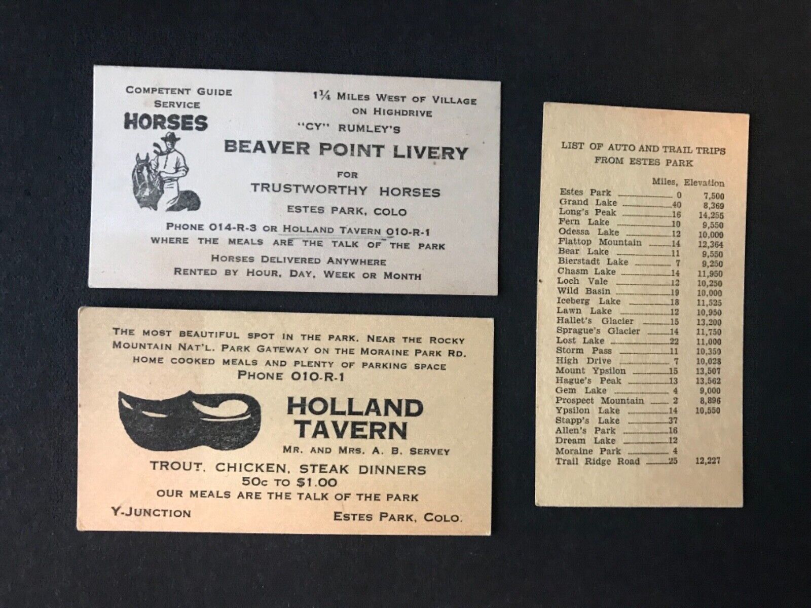 Beaver Point Horse Livery, Holland Tavern Estes Park Colorado Business Card 1930