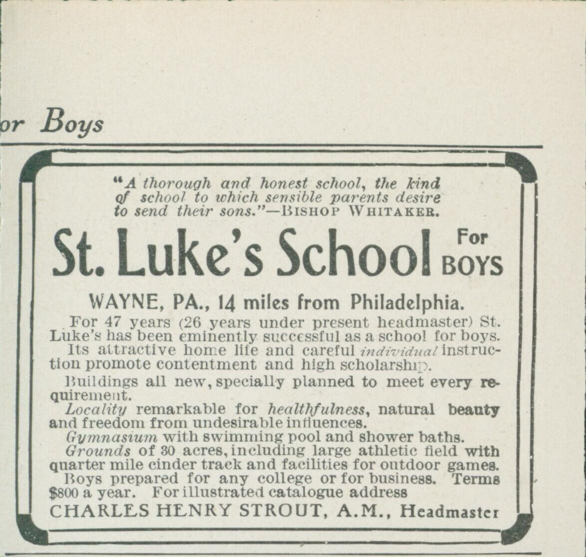 1910 St Lukes School For Boys Wayne PA Charles Henry Strout Vintage Print Ad CO2