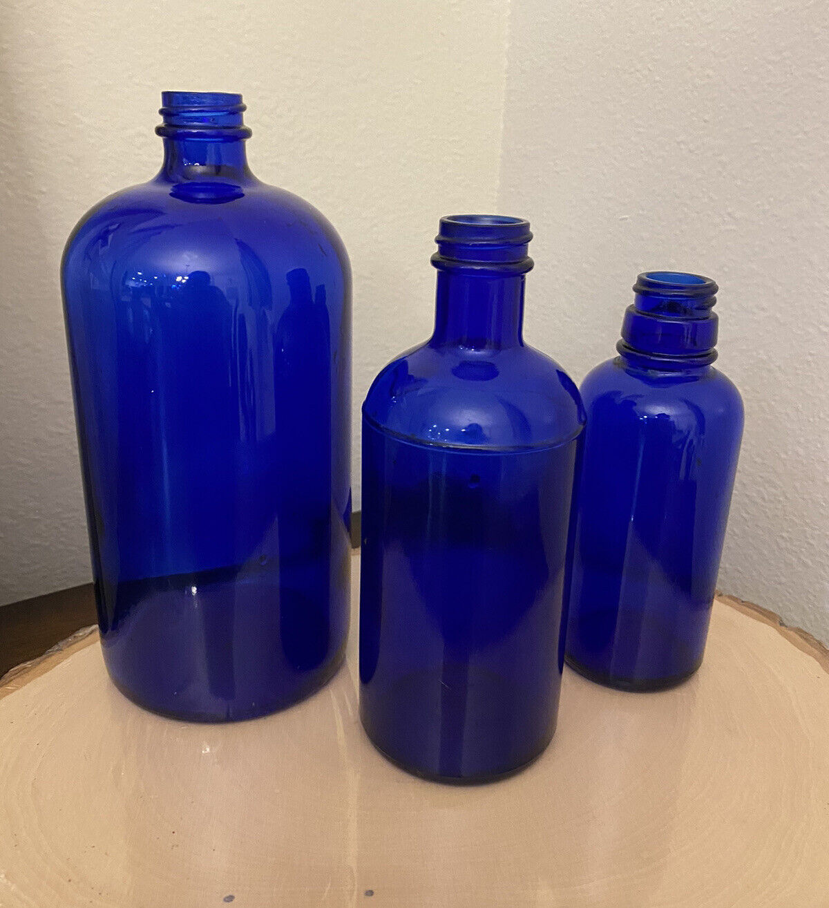 Lot of 3 Vintage Antique Cobalt Blue Glass Rounded Bottles Vases