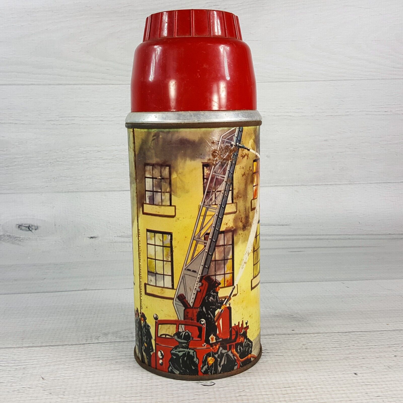 Vintage 1950's Holtemp Metal Thermos Polly Redtop Firefighter Fire Man Truck
