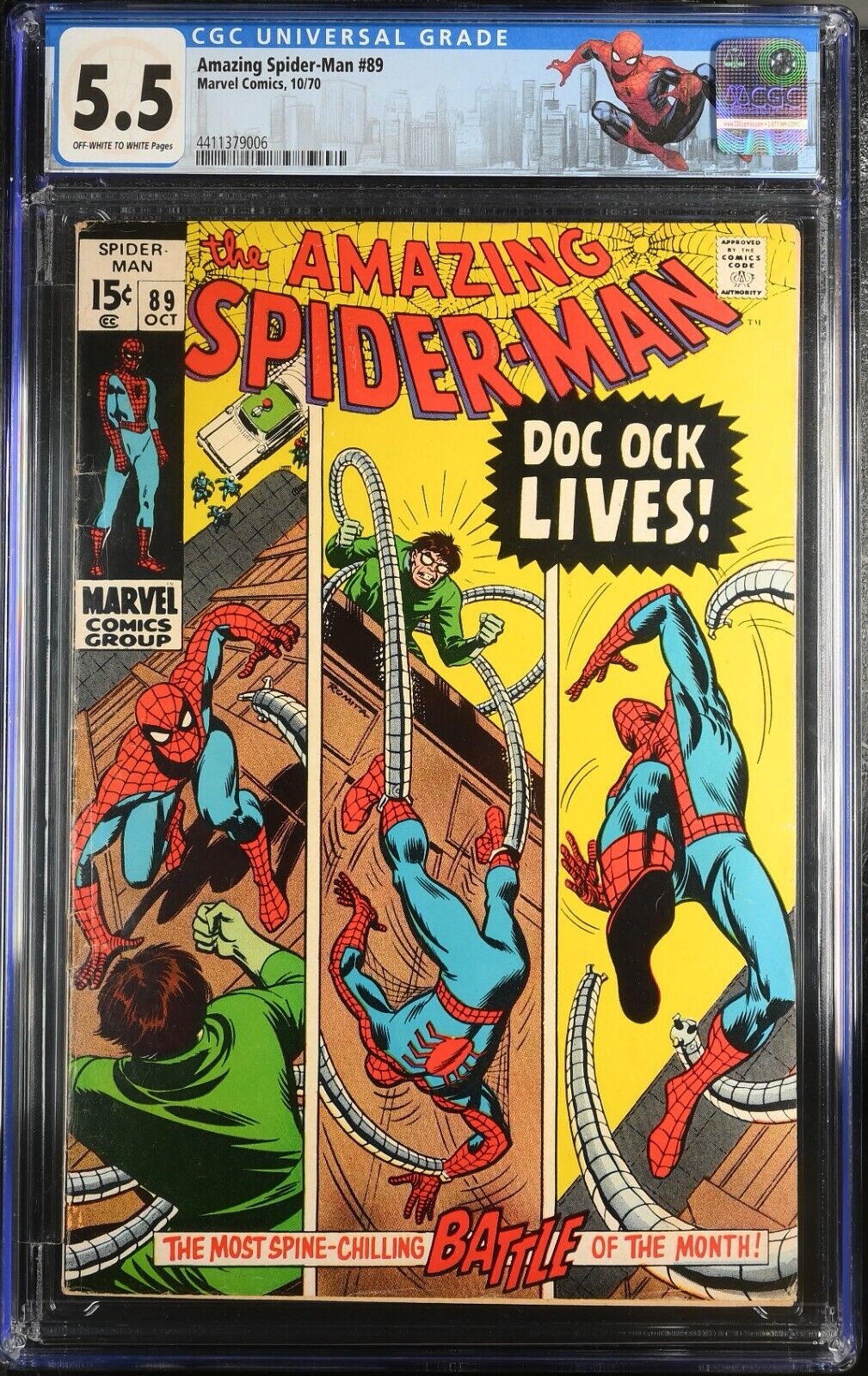AMAZING SPIDER-MAN #89 CGC 5.5 1970 MARVEL OW/WHITE PAGES STAN LEE DOC OCK LIVES