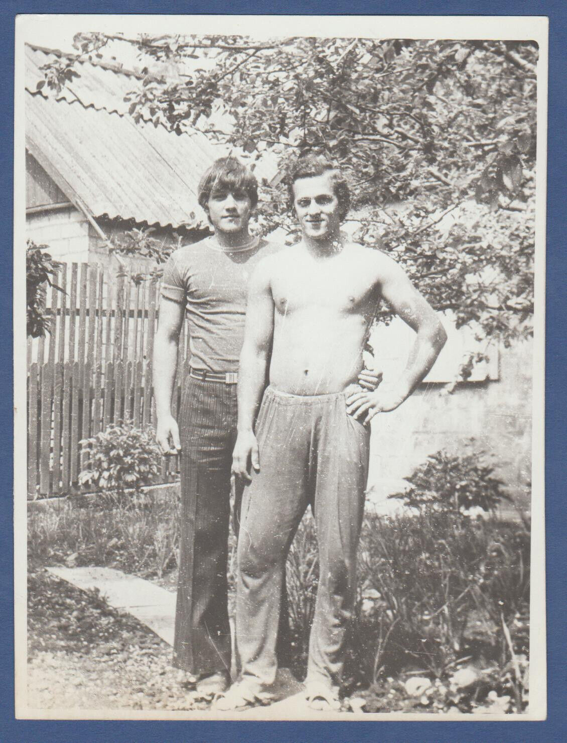 Handsome guys hugging, affectionate men, naked torso Soviet Vintage Photo USSR