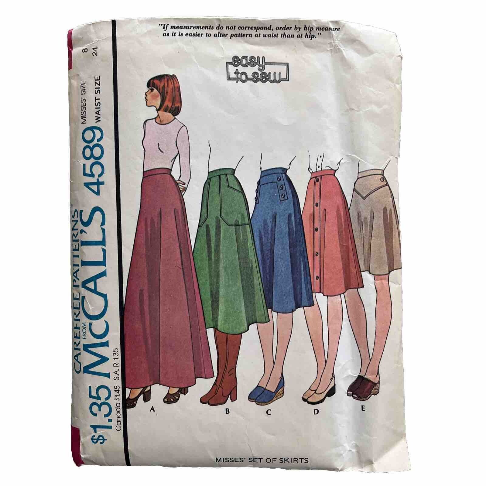 McCalls 4589 Skirts Maxi Midi Knee Above Knee Mini Size 8 Waist 24 Button Yoke