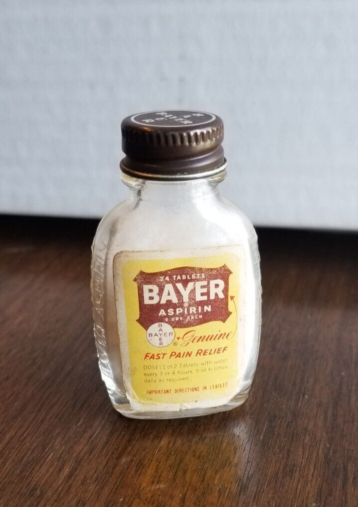 Vintage Bayer Aspirin 24 tablet size  Embossed Glass Bottle metal cap w/ product
