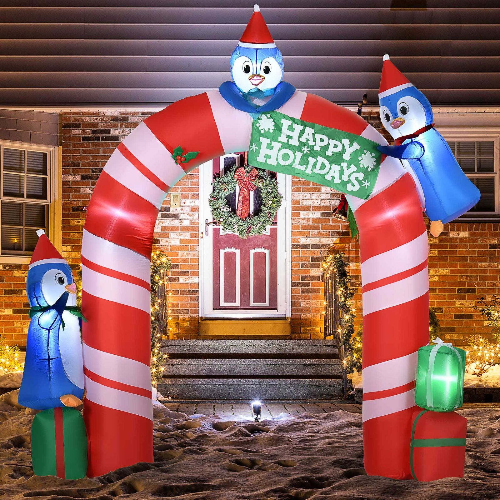 8ft Christmas Inflatable Candy Cane Archway w/ Three Penguins and Gift Boxes