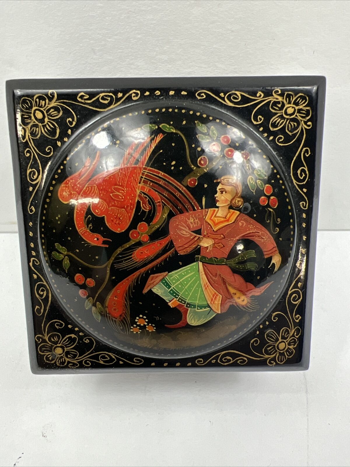 Vintage Miniature Russian Lacquer Box Folk Art Fairytale Ivan and The Firebird