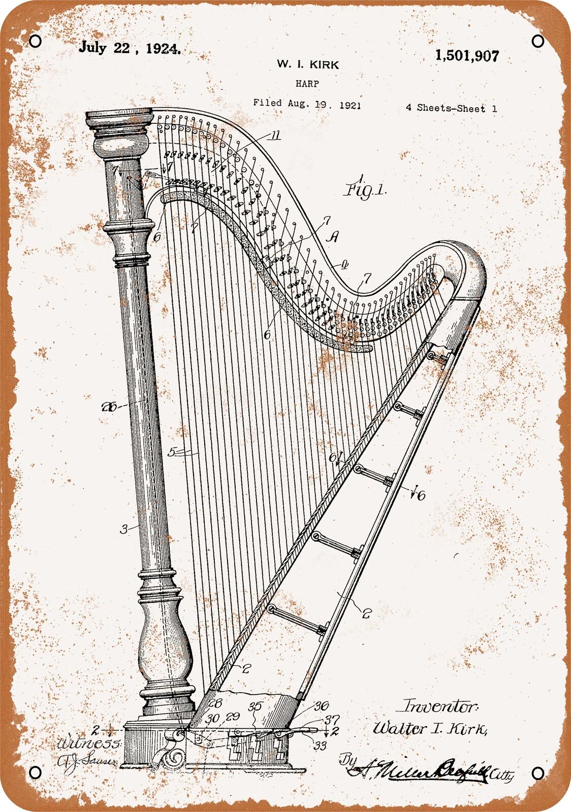 Metal Sign - 1924 Concert Harp Patent -- Vintage Look