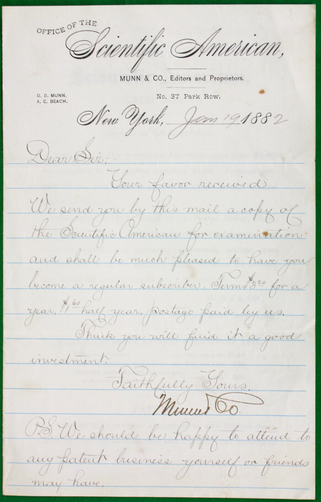 Original 1882 Scientific American Subscription Letter w/O.D. Munn Signature