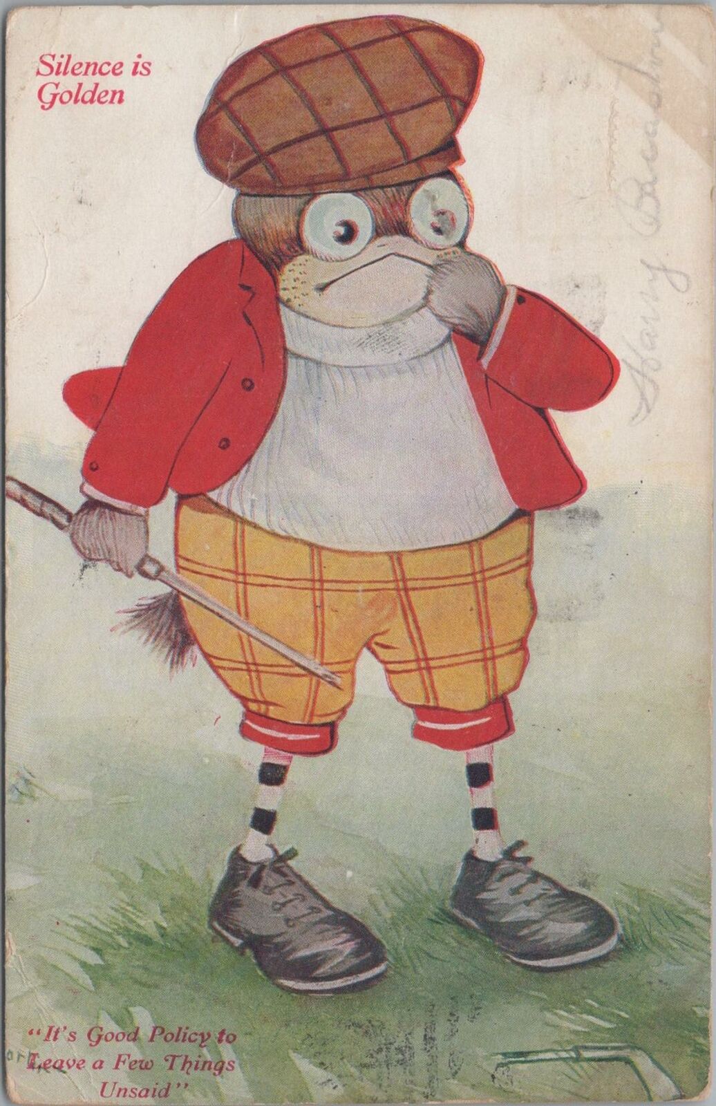 Comic Golf Postcard Man Broken Golf Club Silence is Golden 1907