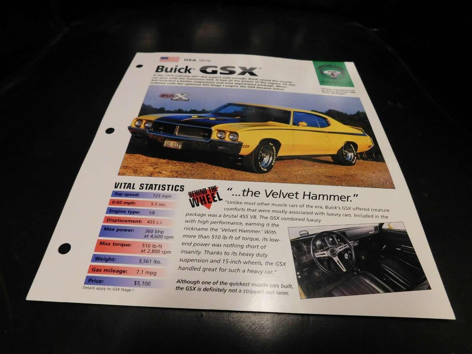 1970 Buick GSX Spec Sheet Brochure Photo Poster