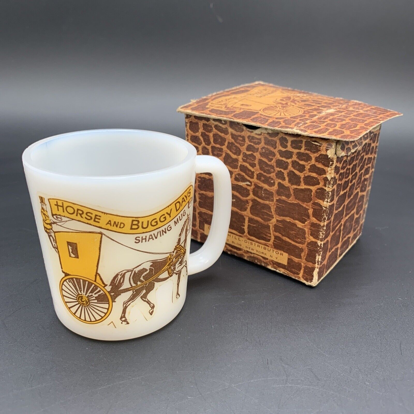 VTG Churchill Horse And Buggy Days Shaving Mug White Milk Glass Original Box