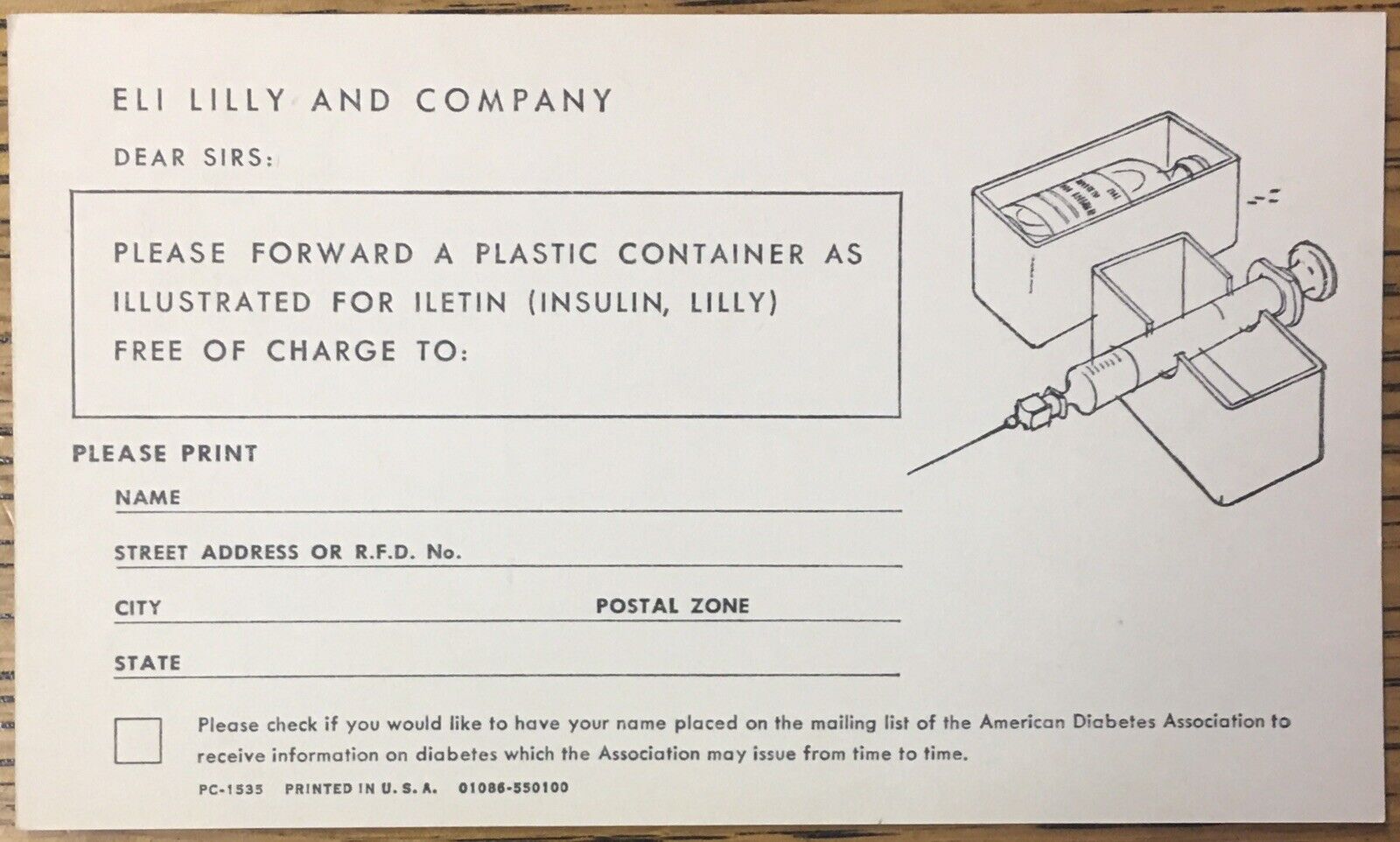 Eli Lilly & Company Vintage Insulin Order Form Postcard, Syringe Card