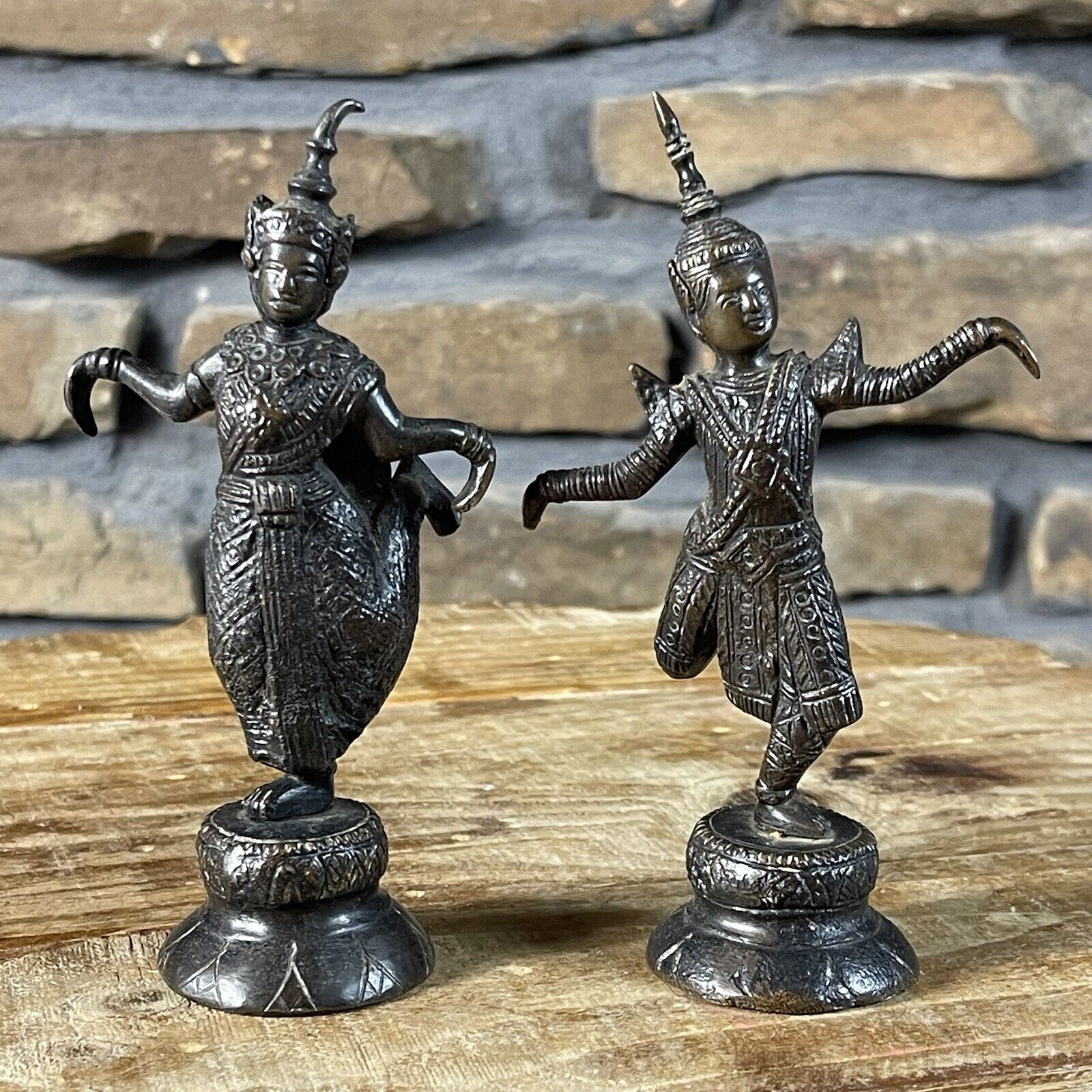Thailand Pair Of Statues Bronze Hindu Dancers 5.5 Set Of 2 Vintage Siam Temple